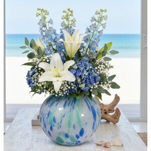 Large Murano Bulb Shaped Vase Cobalt Aqua Cornflower Blue Confetti Ocean Colors